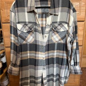 Natural Reflections Plaid Button Down Shirt - Black, White, Tan